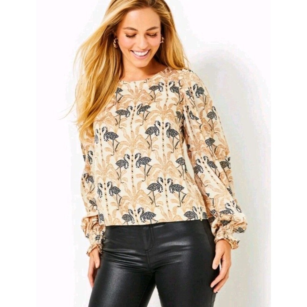 Lilly Pulitzer Everglade Long Sleeve Top Deeper Coconut Flamingo Bishop Sleeve